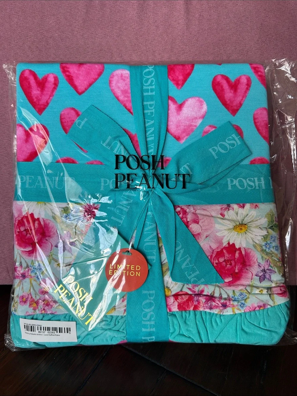 NWT Queen of Hearts Posh Peanut Teal Swaddle Set with Pink Hearts & Floral Trim